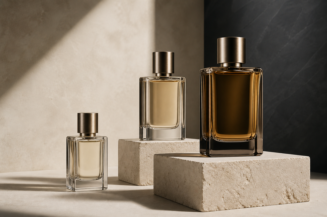 Three perfume bottles on limestone plinths in graduated sizes