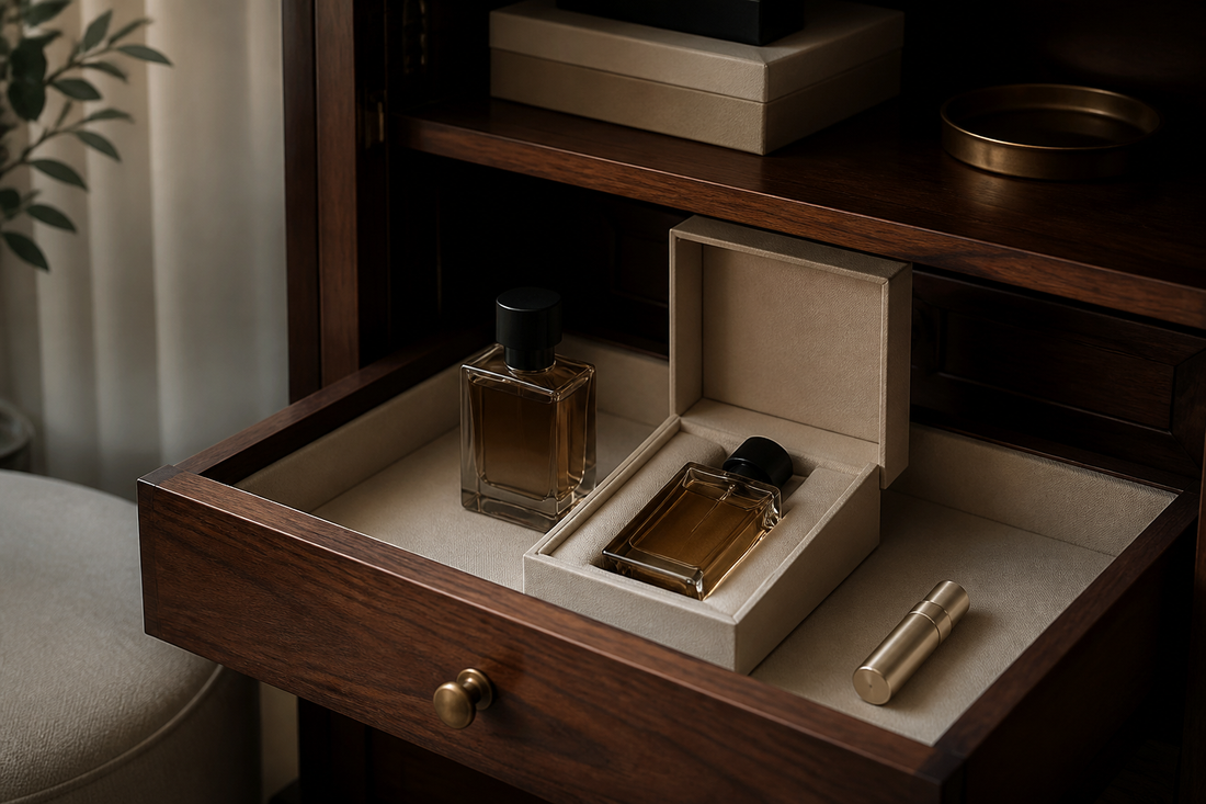 Perfume bottles stored upright in a dark wood dressing drawer
