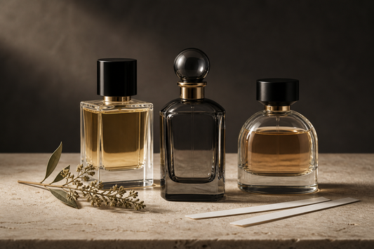 Three unbranded perfume bottles with scent blotters on ivory stone
